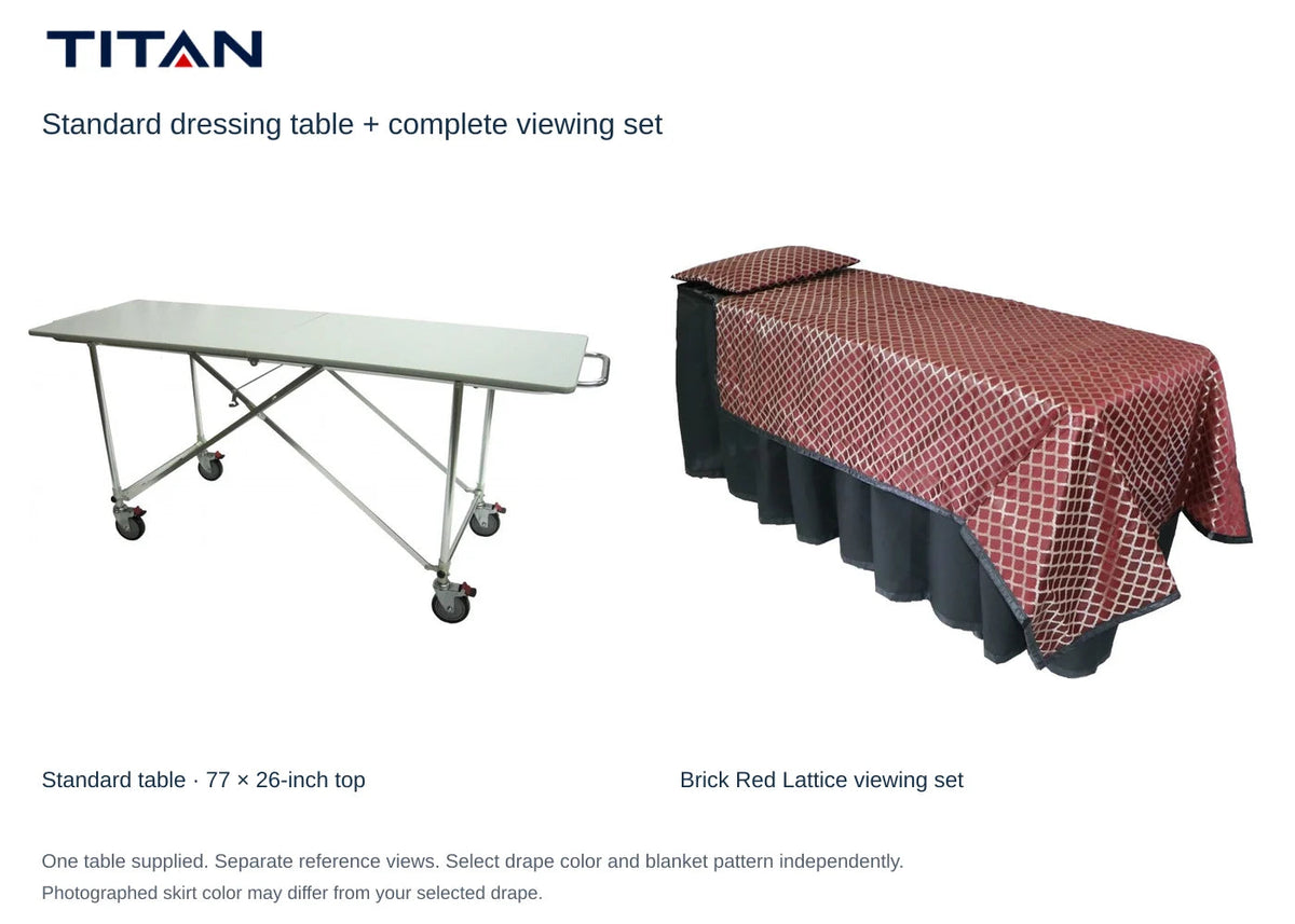 TITAN Standard dressing table and Brick Red Lattice viewing set, separate reference views. One table included. Select drape color independently; photographed skirt may differ.