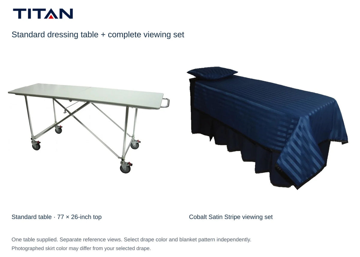 TITAN Standard dressing table and Cobalt Satin Stripe viewing set, separate reference views. One table included. Select drape color independently; photographed skirt may differ.