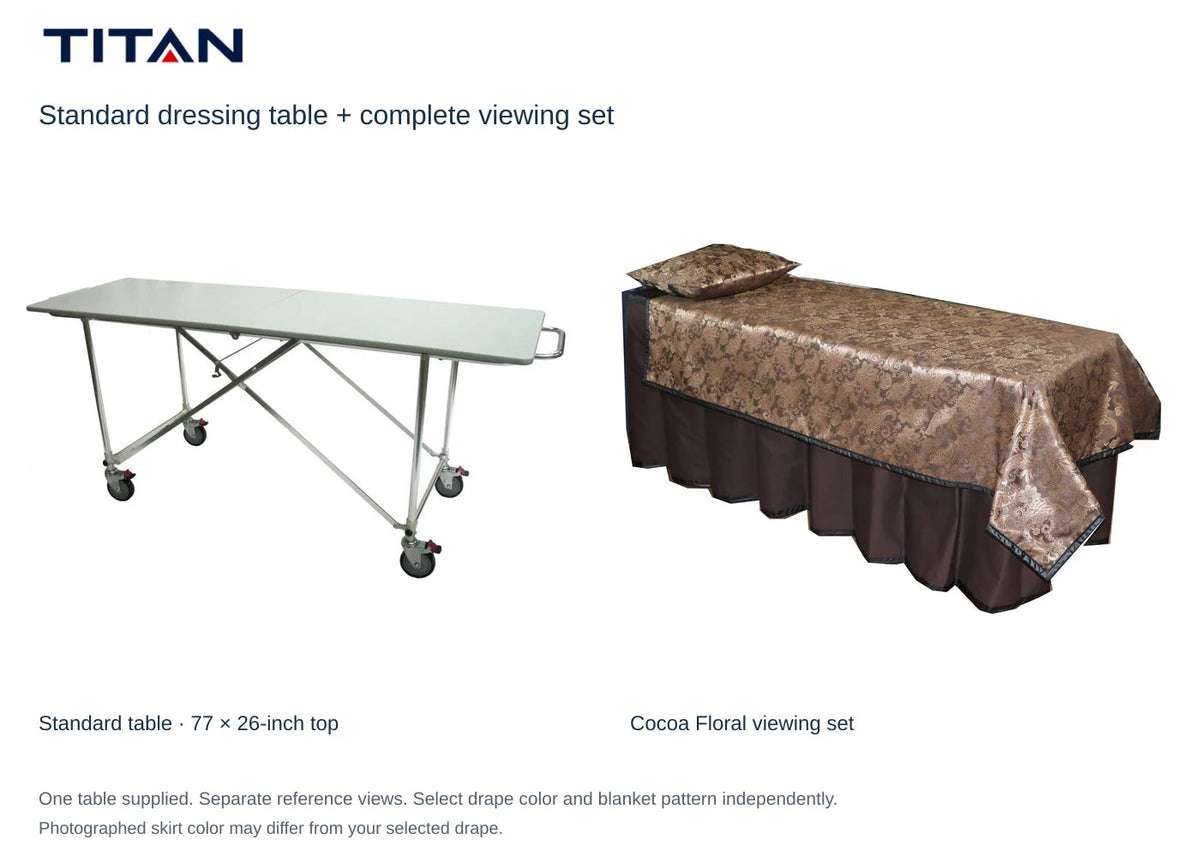 TITAN Standard dressing table and Cocoa Floral viewing set, separate reference views. One table included. Select drape color independently; photographed skirt may differ.