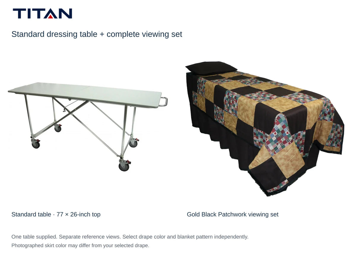 TITAN Standard dressing table and Gold Black Patchwork viewing set, separate reference views. One table included. Select drape color independently; photographed skirt may differ.