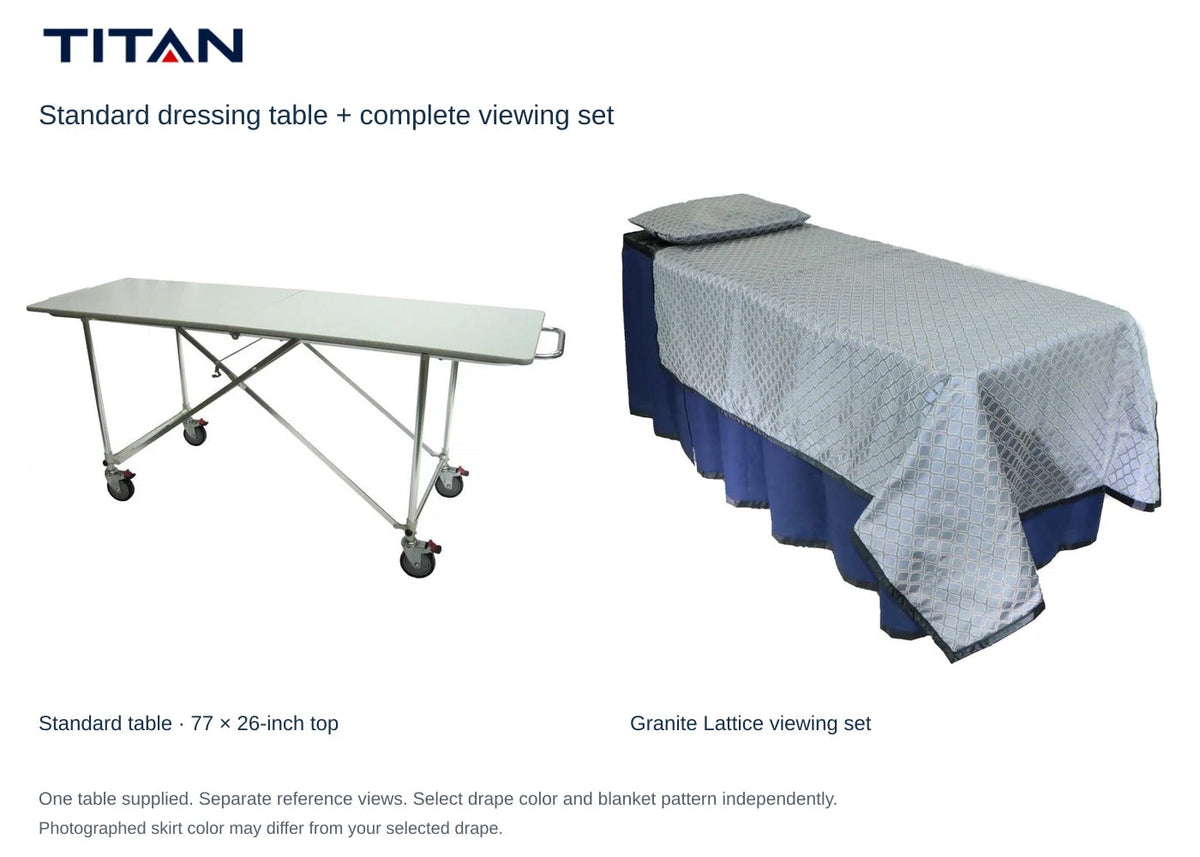 TITAN Standard dressing table and Granite Lattice viewing set, separate reference views. One table included. Select drape color independently; photographed skirt may differ.