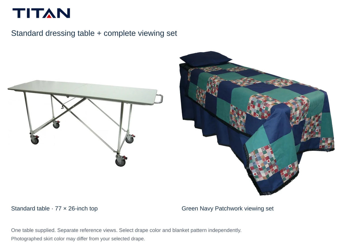 TITAN Standard dressing table and Green Navy Patchwork viewing set, separate reference views. One table included. Select drape color independently; photographed skirt may differ.