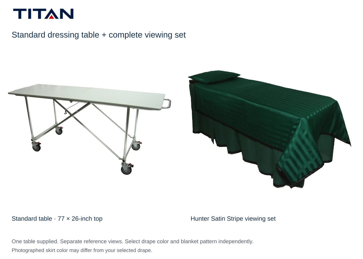 TITAN Standard dressing table and Hunter Satin Stripe viewing set, separate reference views. One table included. Select drape color independently; photographed skirt may differ.