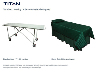 TITAN Standard dressing table and Hunter Satin Stripe viewing set, separate reference views. One table included. Select drape color independently; photographed skirt may differ.