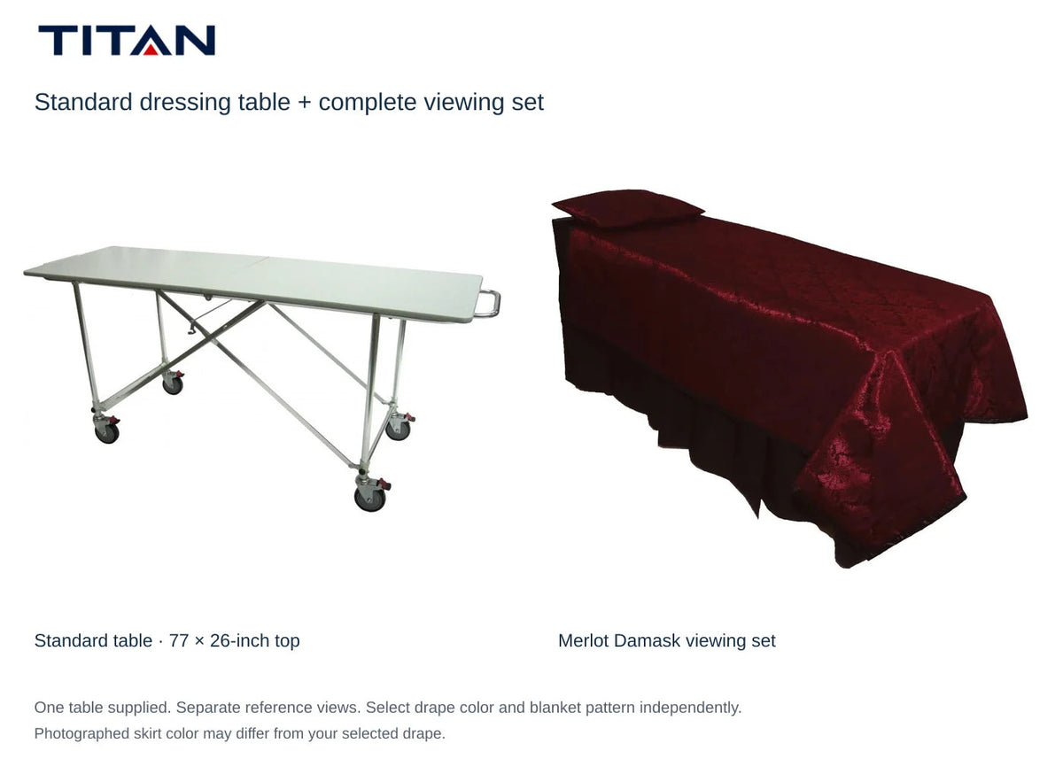 TITAN Standard dressing table and Merlot Damask viewing set, separate reference views. One table included. Select drape color independently; photographed skirt may differ.