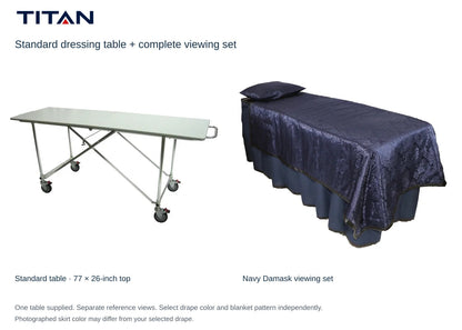 TITAN Standard dressing table and Navy Damask viewing set, separate reference views. One table included. Select drape color independently; photographed skirt may differ.