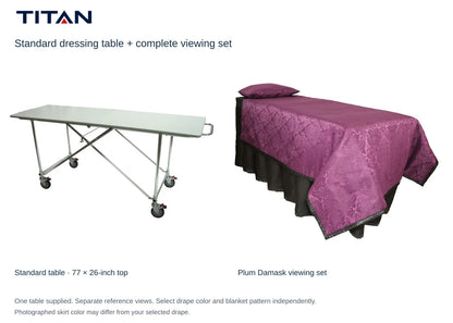 TITAN Standard dressing table and Plum Damask viewing set, separate reference views. One table included. Select drape color independently; photographed skirt may differ.