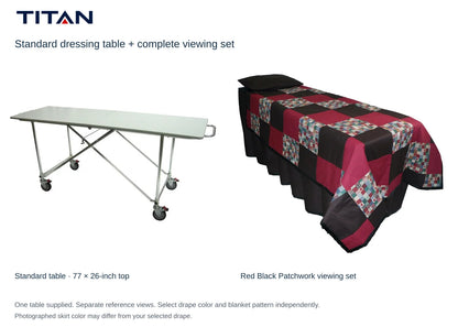 TITAN Standard dressing table and Red Black Patchwork viewing set, separate reference views. One table included. Select drape color independently; photographed skirt may differ.