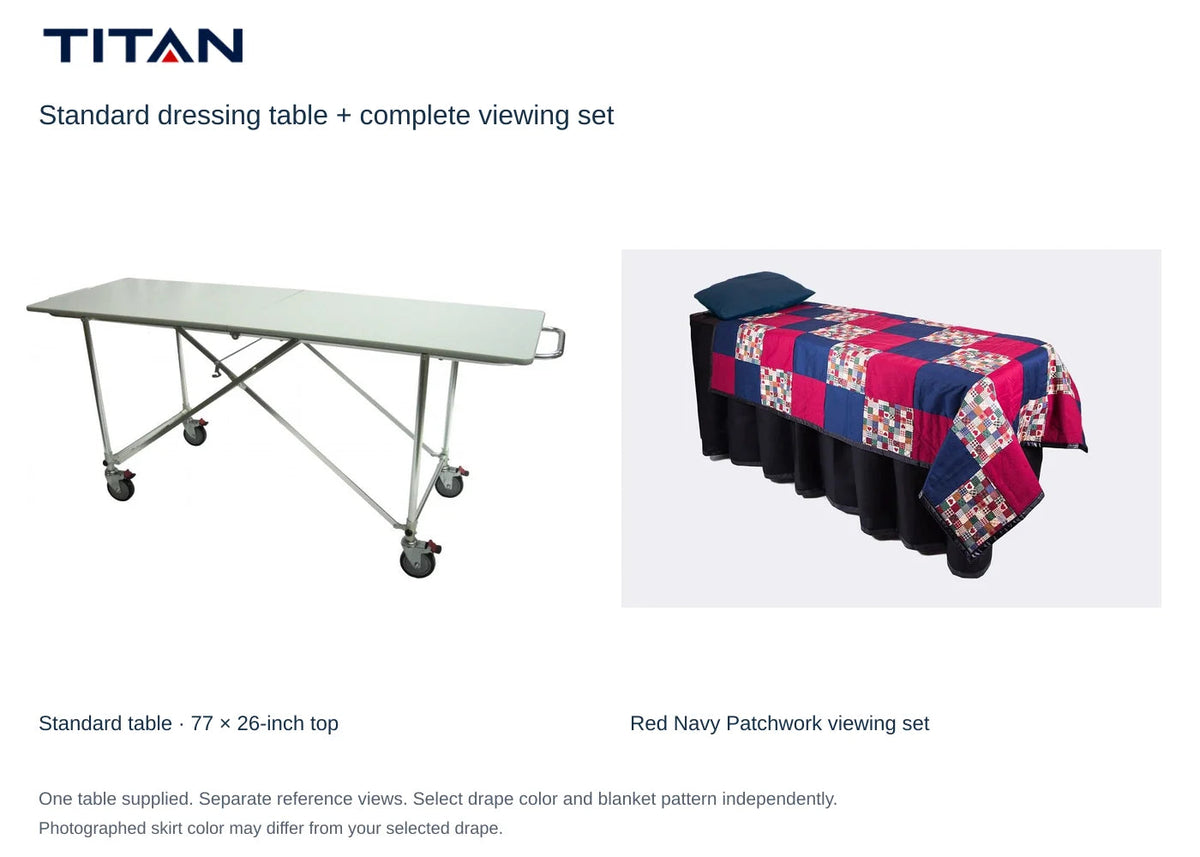 TITAN Standard dressing table and Red Navy Patchwork viewing set, separate reference views. One table included. Select drape color independently; photographed skirt may differ.