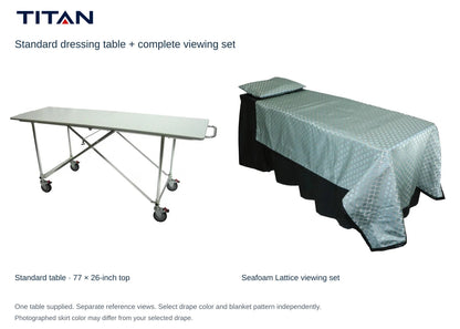 TITAN Standard dressing table and Seafoam Lattice viewing set, separate reference views. One table included. Select drape color independently; photographed skirt may differ.