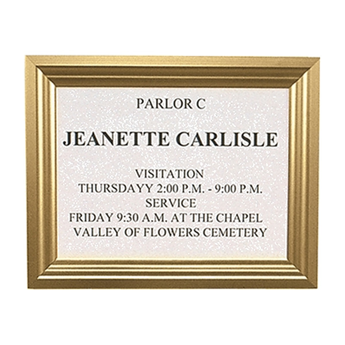 Top-loading single panel wall directory with brass frame and service announcement