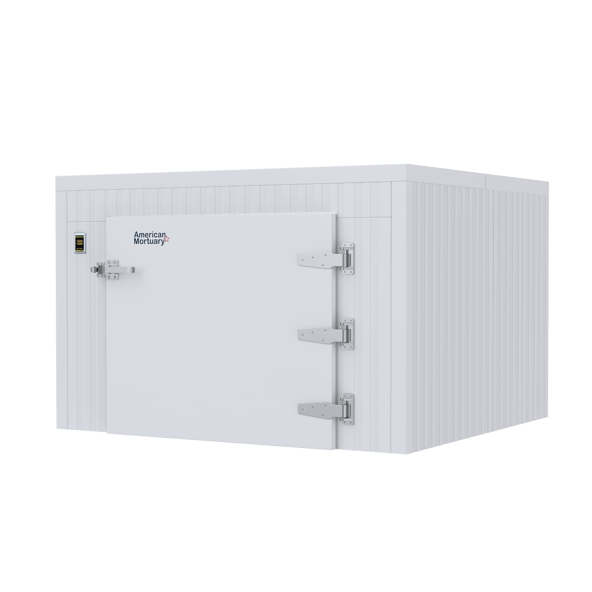 “Triple Cot Roll-In Mortuary Cooler Model 2000-TR3C – American-made 3-body mortuary cooler with diamond plate exterior and stainless steel door.”