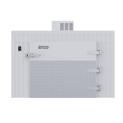 Interior of a triple-wide roll-in mortuary cooler accommodating three mortuary cots side by side