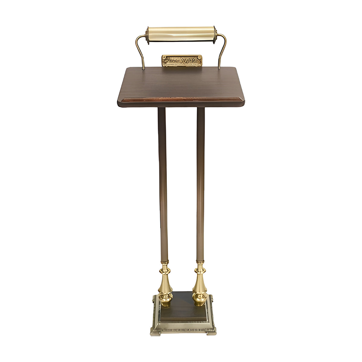 Square Base Register Stand in walnut laminate with a brass-finish frame by American Mortuary Equipment