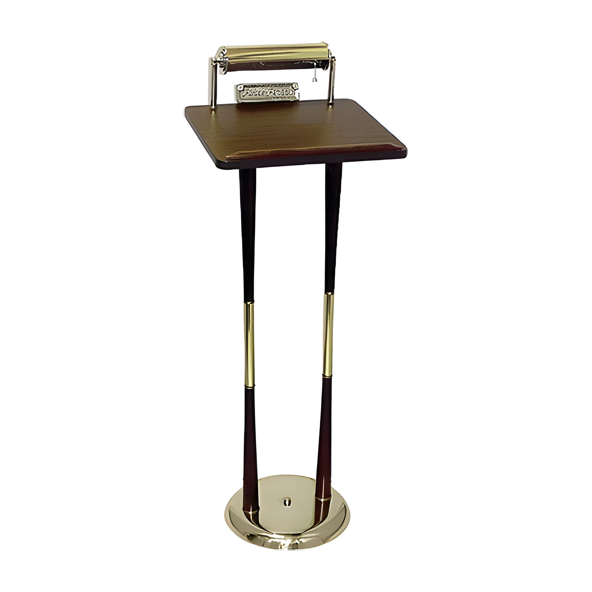 Twin Post Register Stand in walnut laminate with a brass-finish frame by American Mortuary Equipment