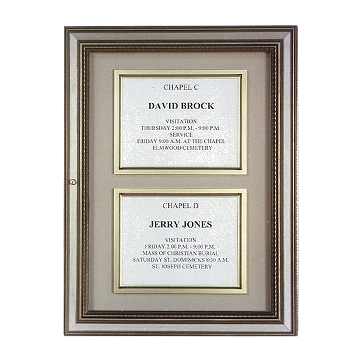 two-panel wall directory with framed funeral service announcements