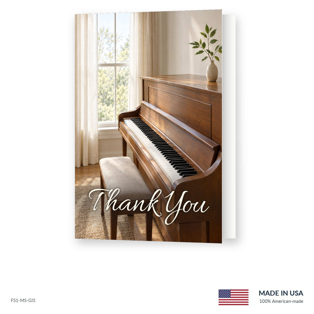 Upright Piano funeral acknowledgment card shown slightly open, Funeral Source One FS1-MS-GIS, Made in the USA
