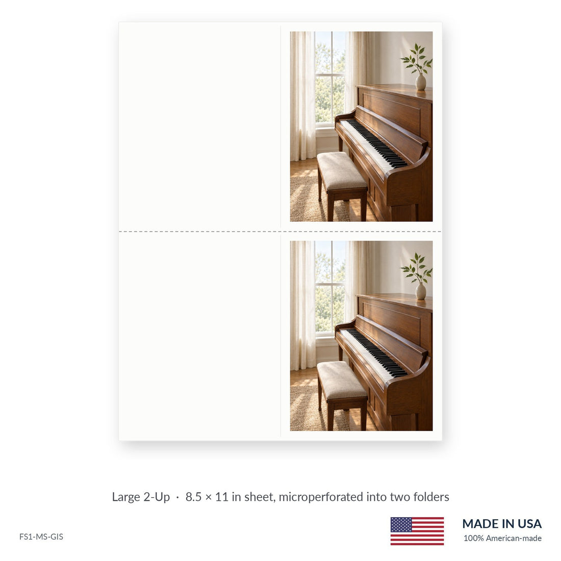 Upright Piano funeral service folders, Large 2-Up 8.5 × 11 in sheet microperforated into two folders, Funeral Source One FS1-MS-GIS
