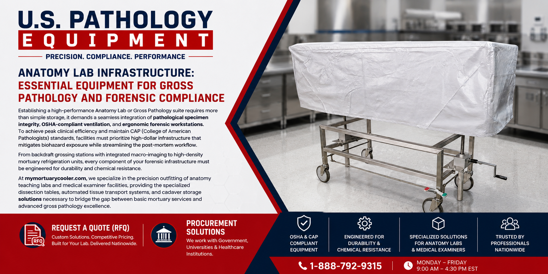 U.S. Pathology Equipment anatomy lab infrastructure solutions featuring cadaver storage systems, pathology workstations, forensic equipment and procurement-ready laboratory solutions