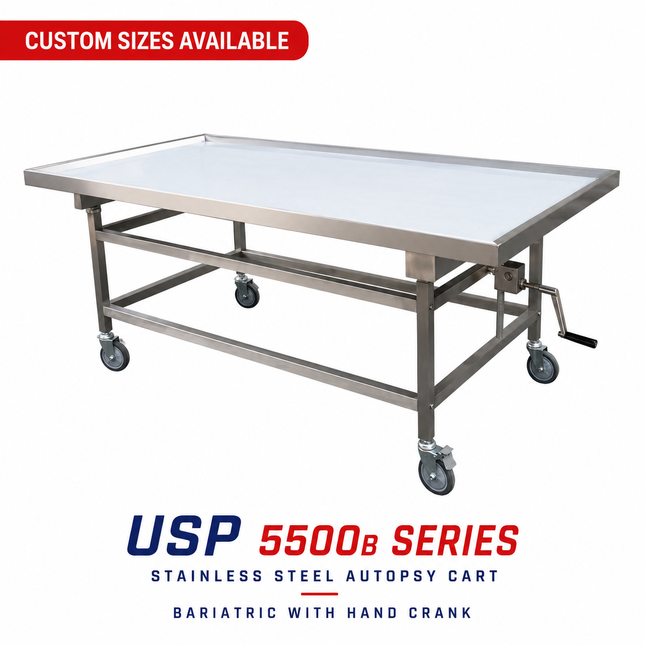 Bariatric Autopsy Cart | USP 5500B | Hand Crank Height Adjustment | Recessed Stainless Top | Made in USA