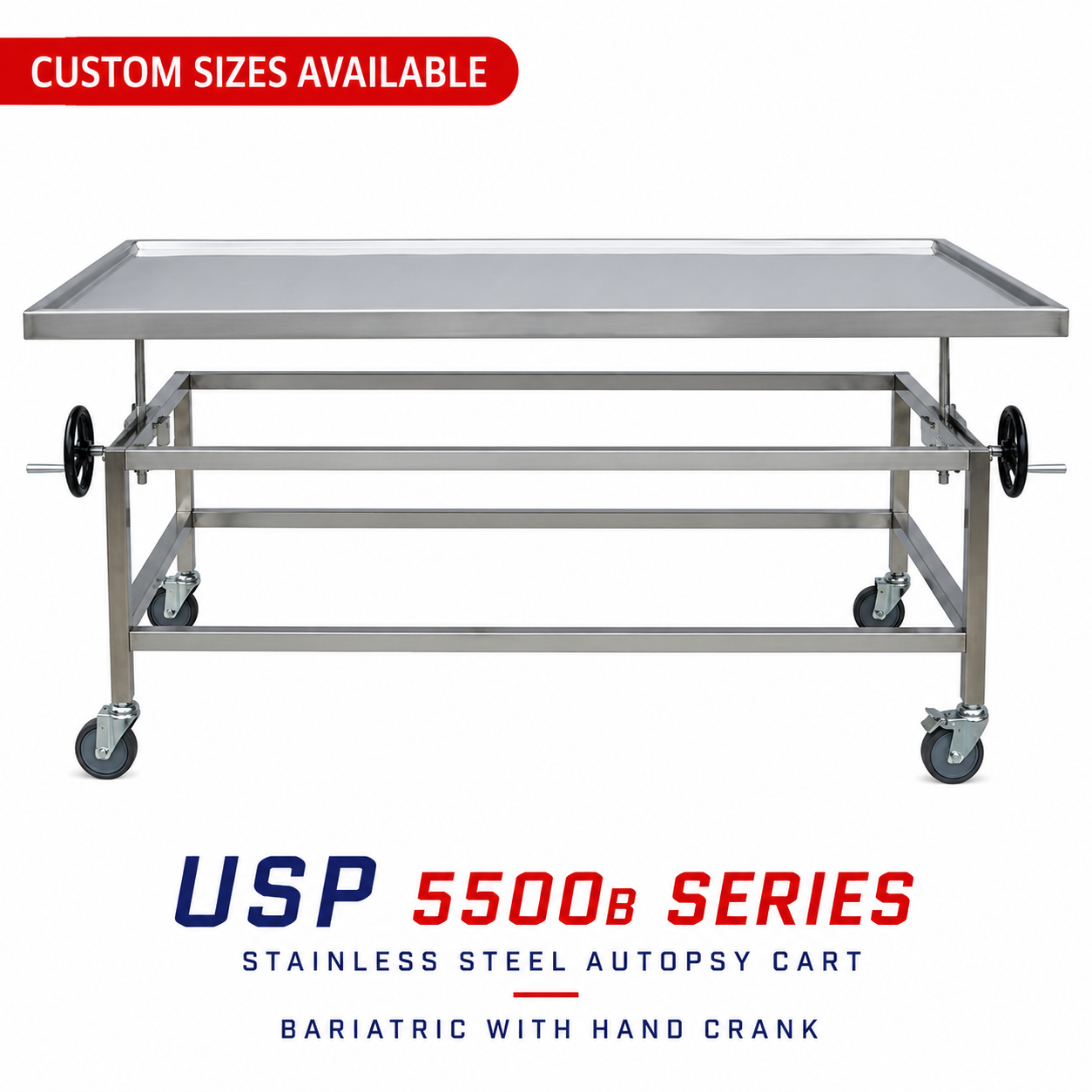 USP 5500B stainless steel bariatric autopsy cart end view showing hand-crank height adjustment and carrier chassis