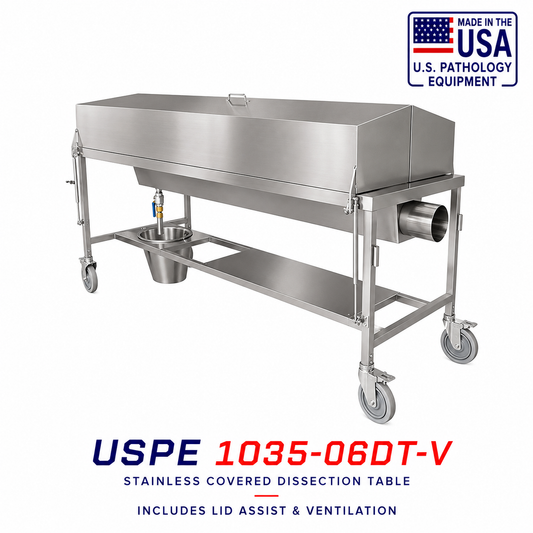 USPE-1035-06DT-V vented covered autopsy dissection table, integrated exhaust ventilation, 304 stainless dissection-grade surface, OSHA formaldehyde compliant