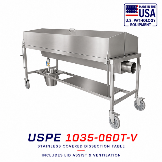 Vented Covered Autopsy Dissection Table | USPE-1035-06DT-V | Integrated Exhaust | 304 Stainless | U.S. Pathology Equipment