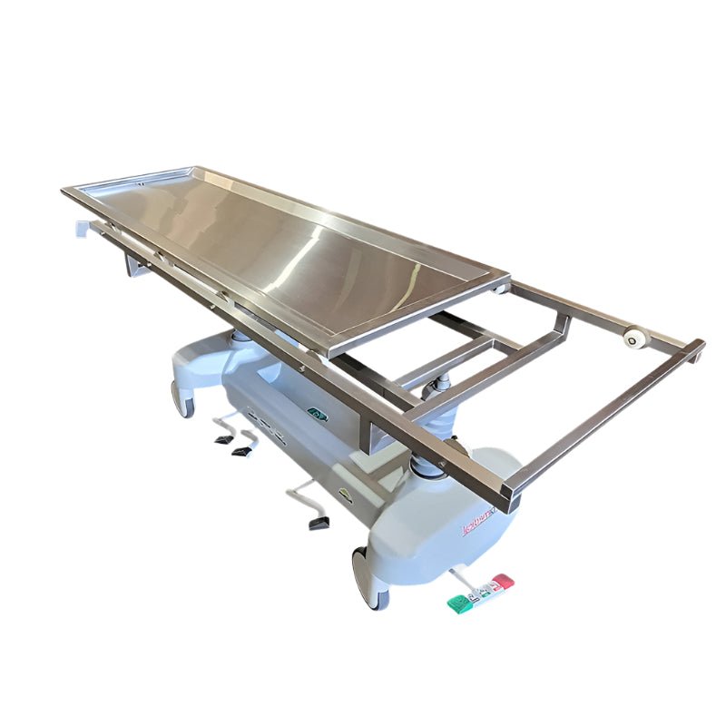 Hydraulic Autopsy Trolley | USPE-1038-2ATRT | Removable 304 Stainless Top | Mobile Autopsy Workstation | U.S. Pathology Equipment