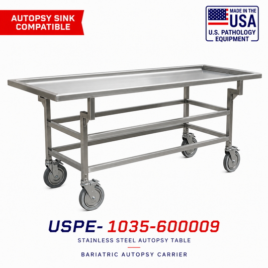 USPE-1038-BAT bariatric autopsy trolley, reinforced 304 stainless frame, widened dissection-grade platform for heavy-load medical examiner casework