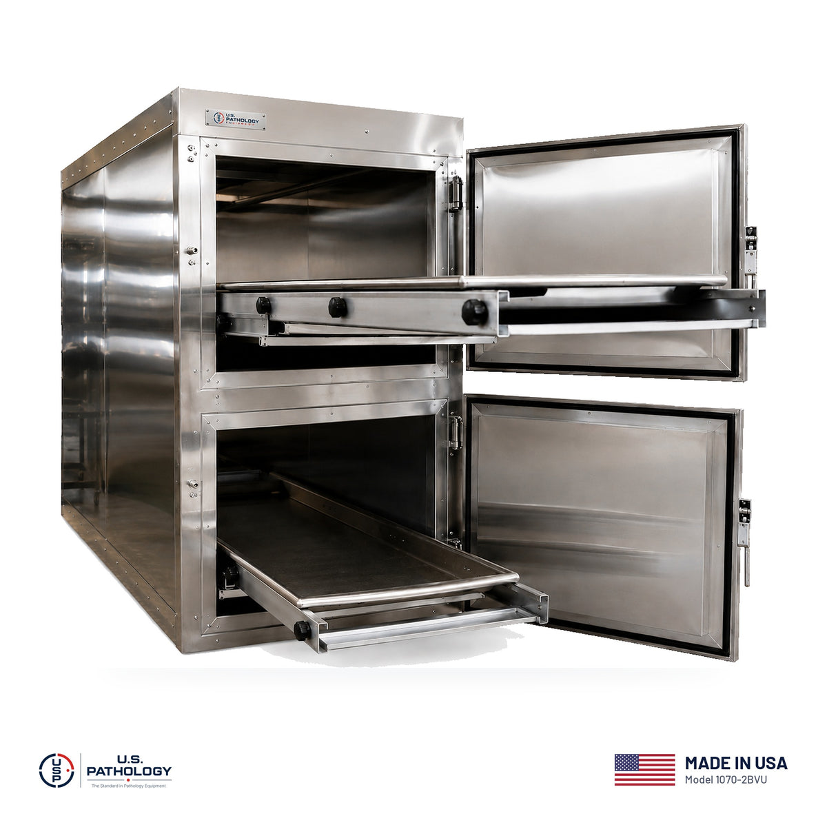 USPE 2-Body End-Load Vertical Vault Morgue Cooler, Model 1070-2BVU, made in the USA, NSF and UL