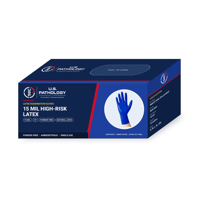 15 Mil High-Risk Latex Exam Gloves dispenser box showing 15 mil, 12-inch length, powder-free and ASTM specifications
