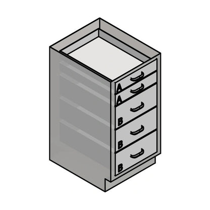 USPE USPE-CW-2358 lab base cabinet with 3 medium and 2 small drawers, line drawing view