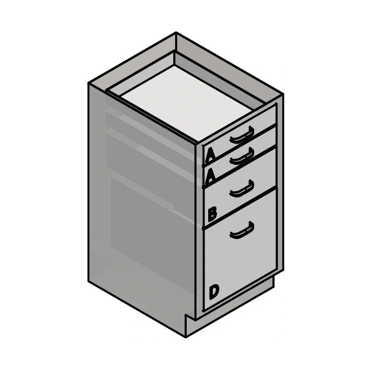 USPE USPE-CW-2362 lab base cabinet with 1 large, 1 medium and 2 small drawers, line drawing view