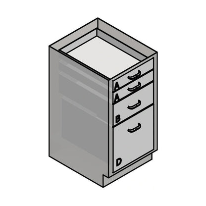 USPE USPE-CW-2362 lab base cabinet with 1 large, 1 medium and 2 small drawers, line drawing view