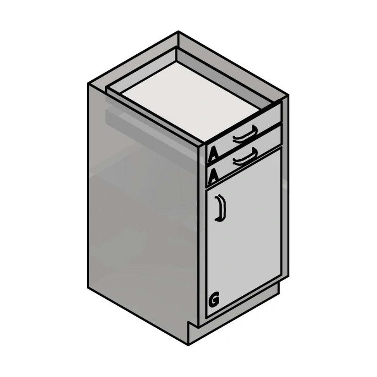 USPE USPE-CW-2364 lab base cabinet with 2 small drawers over 1 cabinet door, alternate view