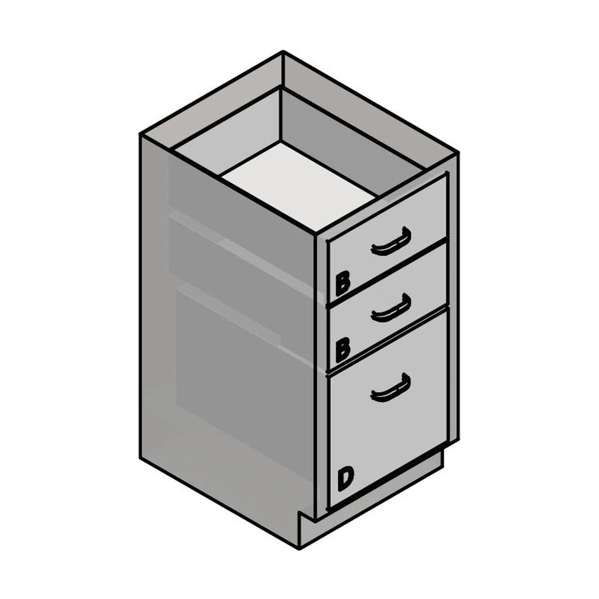 USPE USPE-CW-2366 lab base cabinet with 2 medium drawers and 1 large drawer, line drawing view