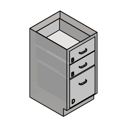 USPE USPE-CW-2366 lab base cabinet with 2 medium drawers and 1 large drawer, line drawing view