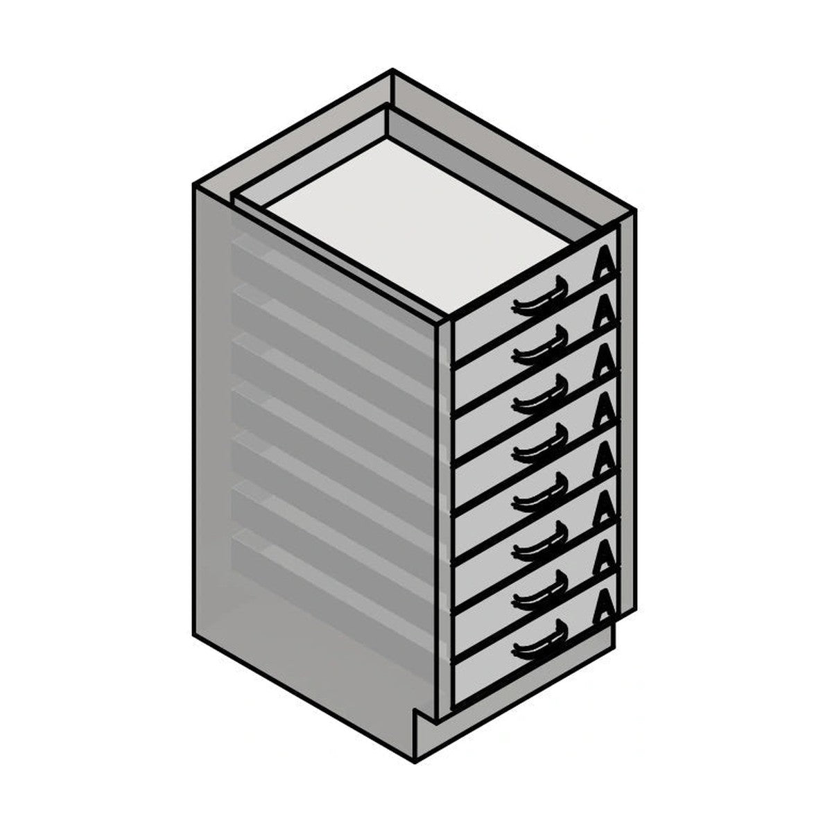 USPE USPE-CW-2373 lab base cabinet with 8 small drawers, line drawing view