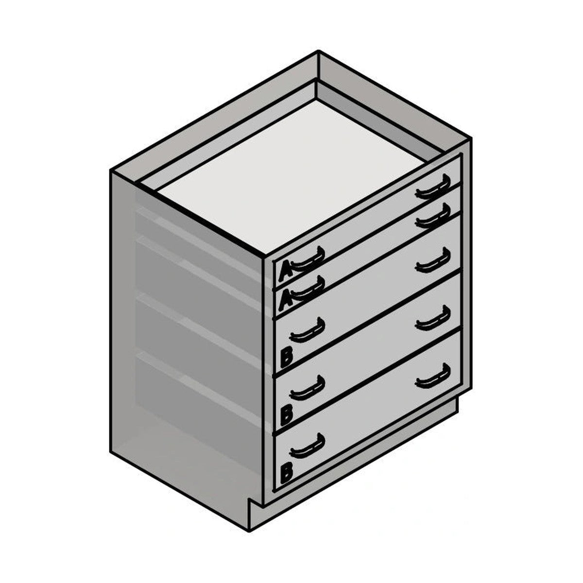 USPE USPE-CW-2381 lab base cabinet with 3 medium and 2 small drawers, line drawing view