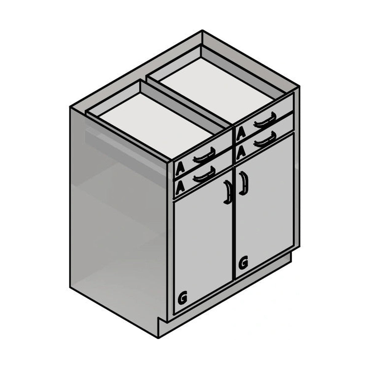 USPE USPE-CW-2387 lab base cabinet with 4 small drawers over 2 cabinet doors, alternate view