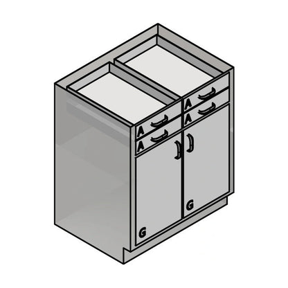 USPE USPE-CW-2387 lab base cabinet with 4 small drawers over 2 cabinet doors, alternate view