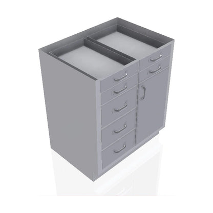 USPE USPE-CW-2389 lab base cabinet with 3 medium and 4 small drawers beside 1 cabinet door, front perspective view