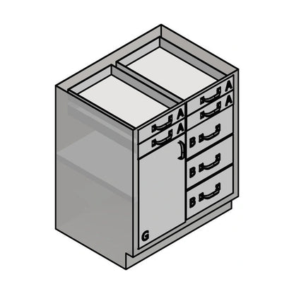 USPE USPE-CW-2389 lab base cabinet with 3 medium and 4 small drawers beside 1 cabinet door, line drawing view