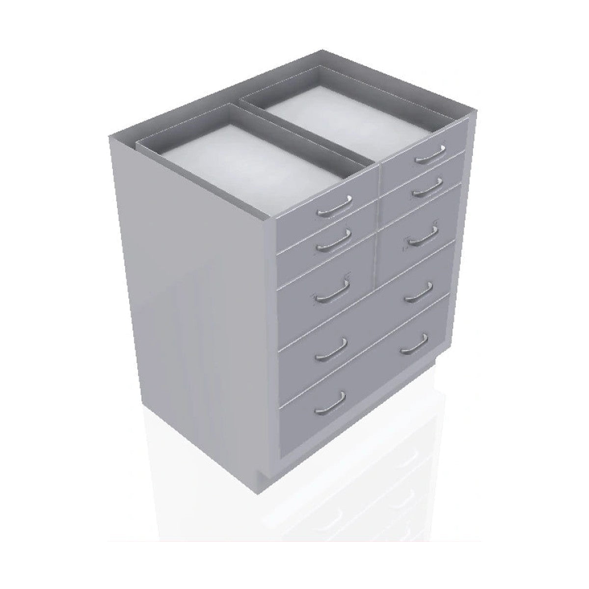 USPE USPE-CW-2391 lab base cabinet with 4 small, 2 medium and 2 full-width drawers, front perspective view