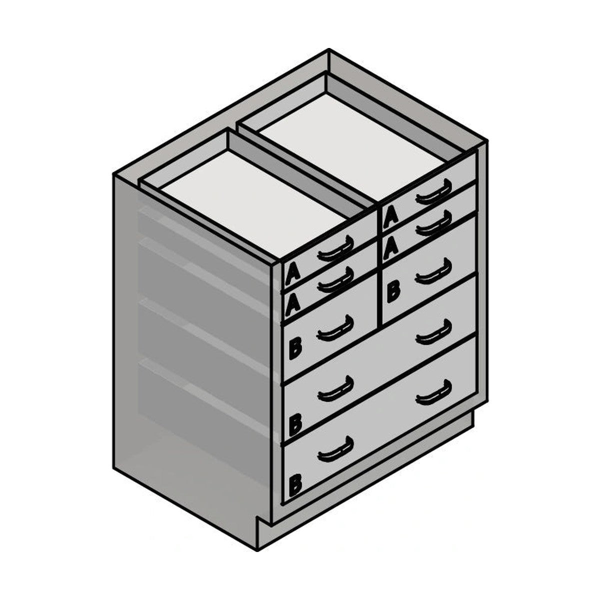 USPE USPE-CW-2391 lab base cabinet with 4 small, 2 medium and 2 full-width drawers, line drawing view