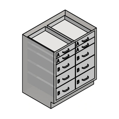 USPE USPE-CW-2395 lab base cabinet with 4 small and 6 medium drawers, line drawing view