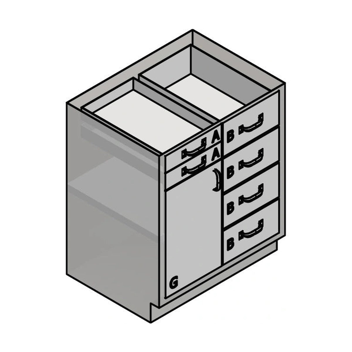 USPE USPE-CW-2403 lab base cabinet with 2 small and 4 medium drawers beside 1 cabinet door, line drawing view