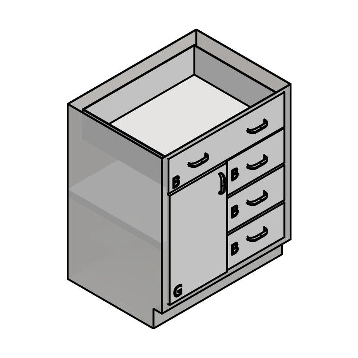 USPE USPE-CW-2405 lab base cabinet with 1 full-width medium top drawer, 3 medium drawers and 1 cabinet door, line drawing view