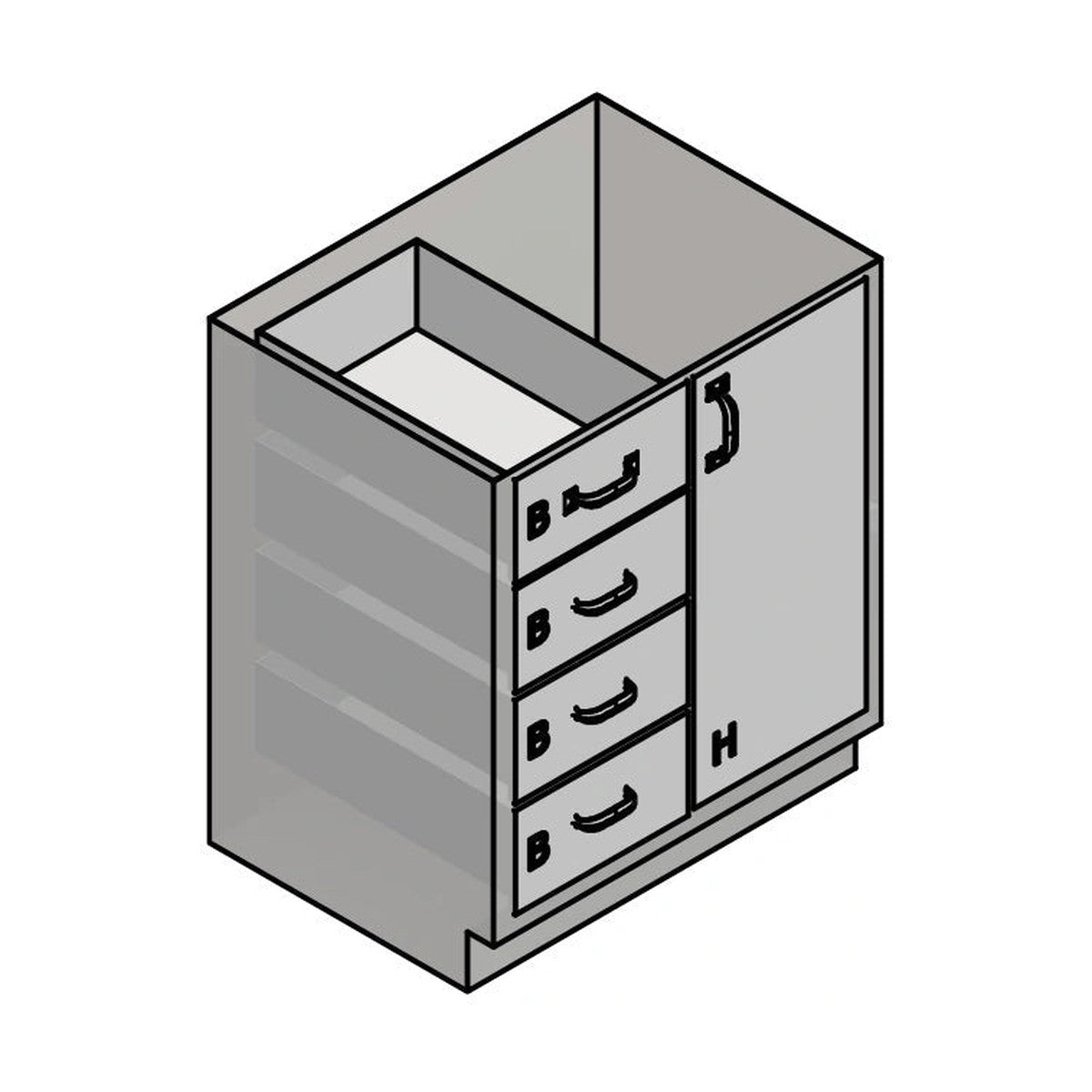 USPE USPE-CW-2409 lab base cabinet with 4 medium drawers beside 1 full-height cabinet door, line drawing view