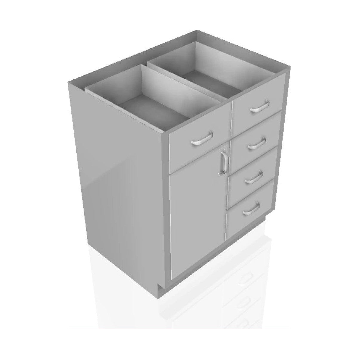 USPE USPE-CW-2413 lab base cabinet with 5 medium drawers beside 1 cabinet door, front perspective view